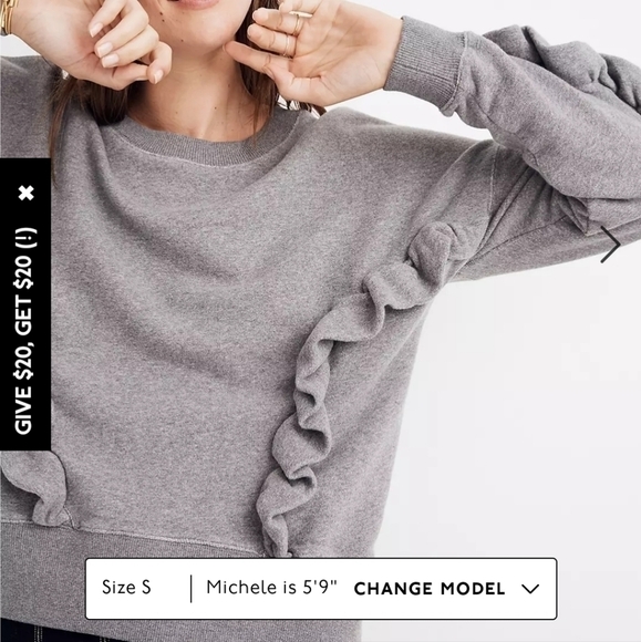 MILES FOR MADEWELL GRAY RUFFLE SWEATSHIRT, SZ XS - Picture 5 of 11